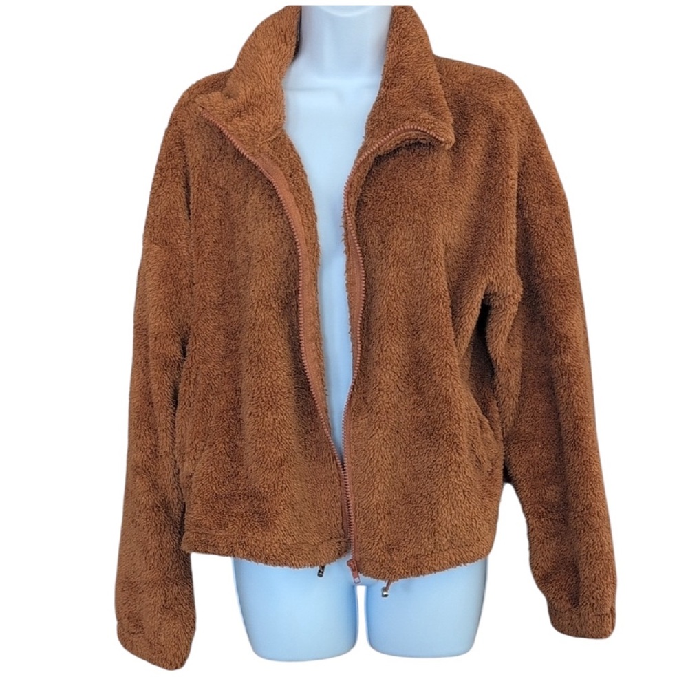 SHEIN Brown Teddy Fleece Zip Up‎ Jacket Mock Neck Cinnamon Size Medium